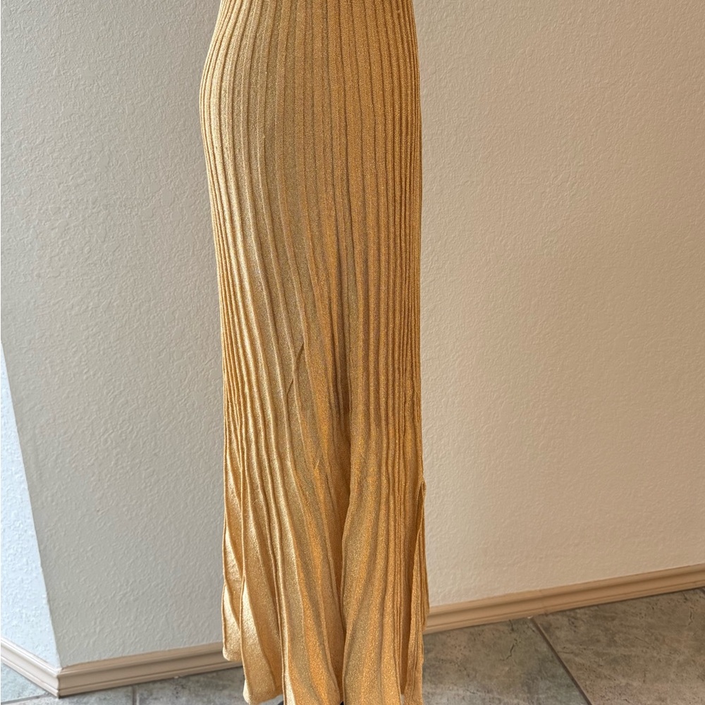 Sandro Paris Metallic Gold Pleated Midi Skirt Size 4‎ FR36 Shimmer Party Holiday - Picture 8 of 8